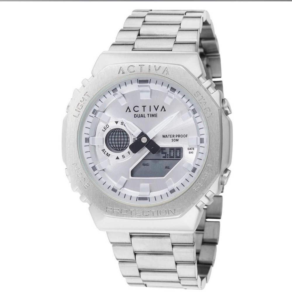 Invicta Activa Dual Time Silver Stainless Steel Watch 45.5mm Sport Tactical